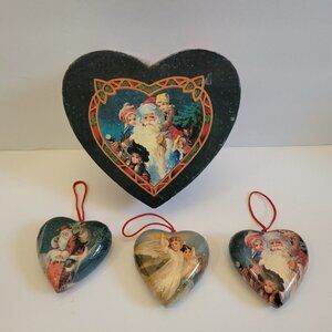 Vintage Heart Shaped Paper Mache Ornament Set Victorian Santa Claus Heart Boxed